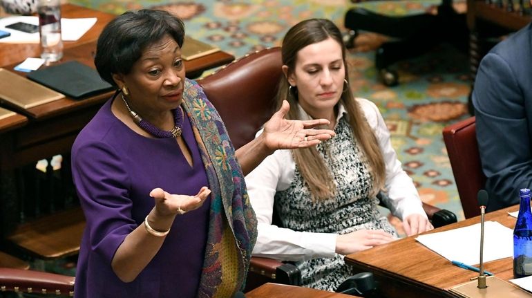 Senate Majority Leader Andrea Stewart-Cousins (D-Yonkers) explains her vote as Senate members...