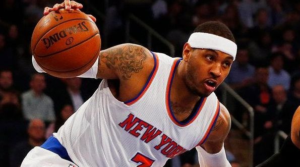 Carmelo Anthony of the New York Knicks drives to the...