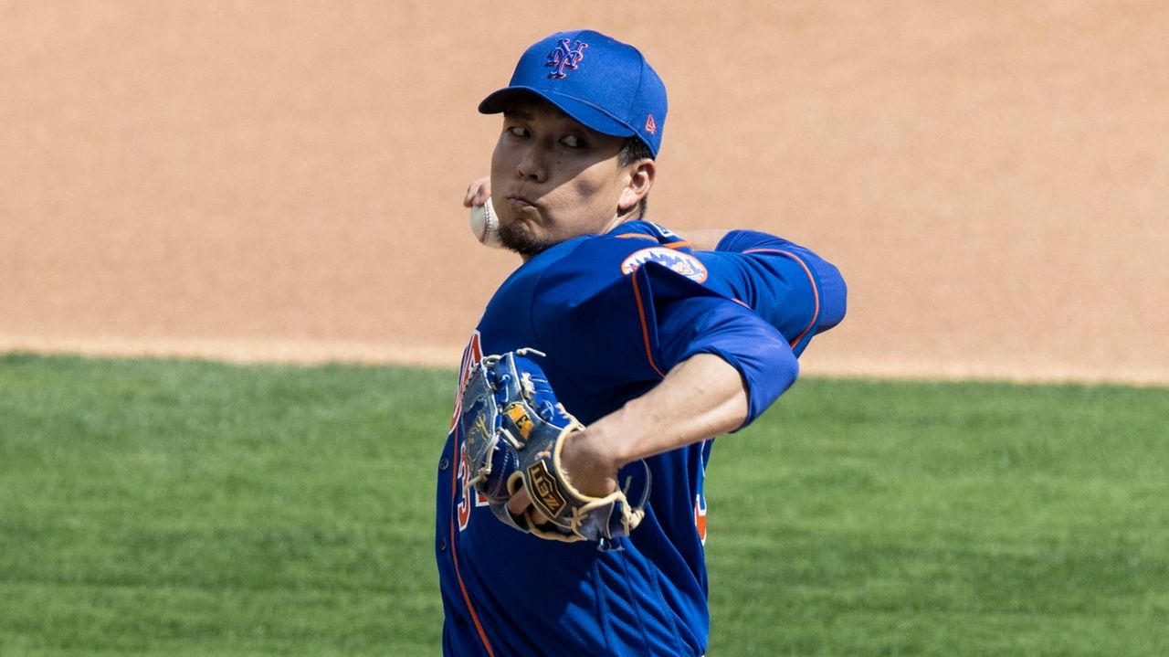 New York Mets pitcher Kodai Senga plays a catch at T-Mobile Park