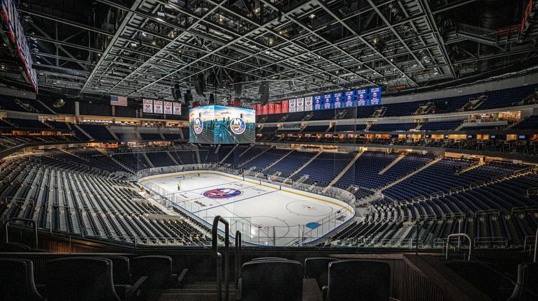 A view of the ice and seating area inside UBS Arena...