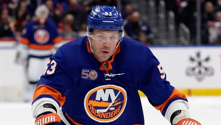 Casey Cizikas of the Islanders skates against the Blue Jackets at...