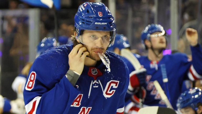 Jacob Trouba of the Rangers prepares for a game against the...