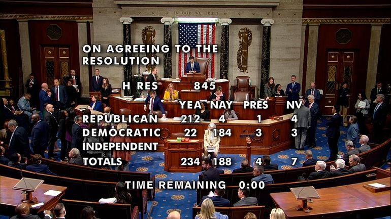 This image from House Television video shows the vote total...