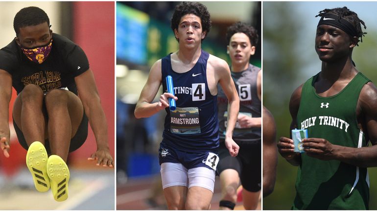 From left: Central Islip's Ryan Antwi, Huntington's Matt Armstrong and...