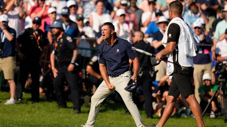 Bryson DeChambeau celebrates after a birdie on the 18th hole...