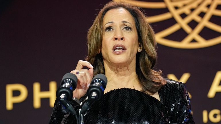 Democratic presidential nominee Vice President Kamala Harris speaks during the...