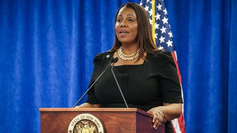 New York State Attorney General Letitia James speaks in Manhattan...