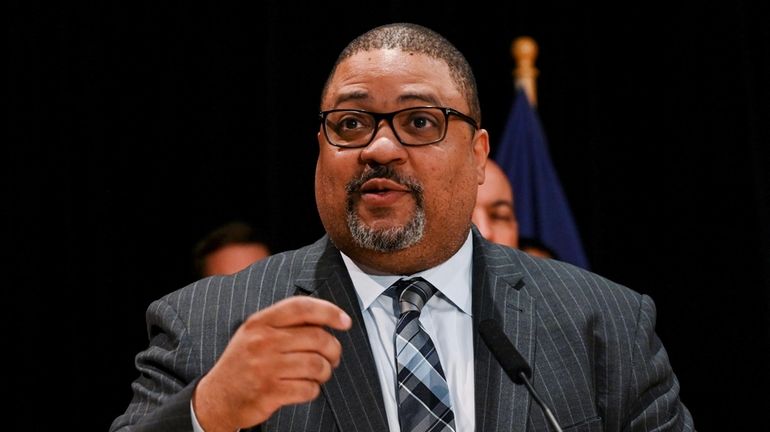 Manhattan District Attorney Alvin Bragg speaks during a news conference at...