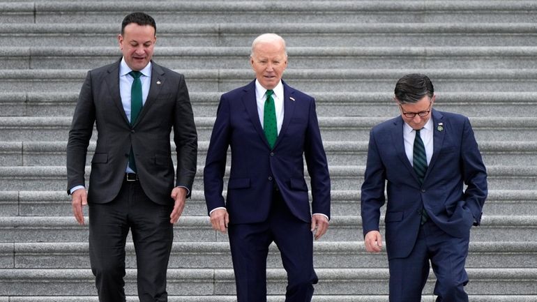 From left, Irish Prime Minster Leo Varadkar, President Joe Biden,...