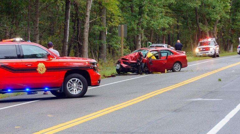 Suffolk County police investigate a serious car crash on Rocky...