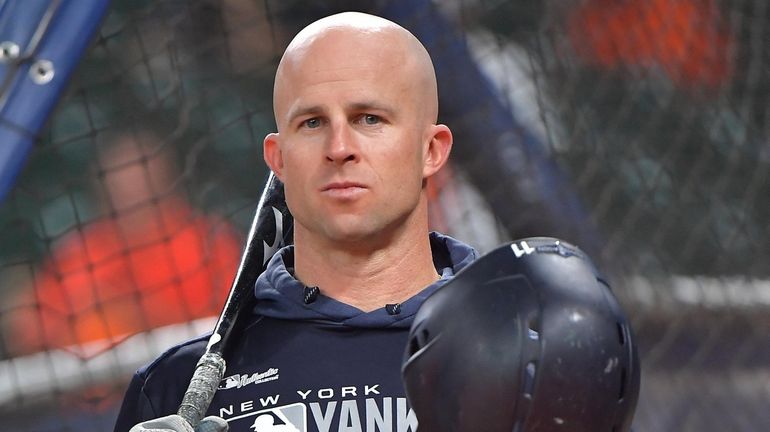 Yankees leftfielder Brett Gardner looks on during batting practice before...