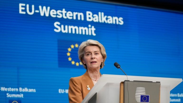 European Commission President Ursula von der Leyen addresses a media...