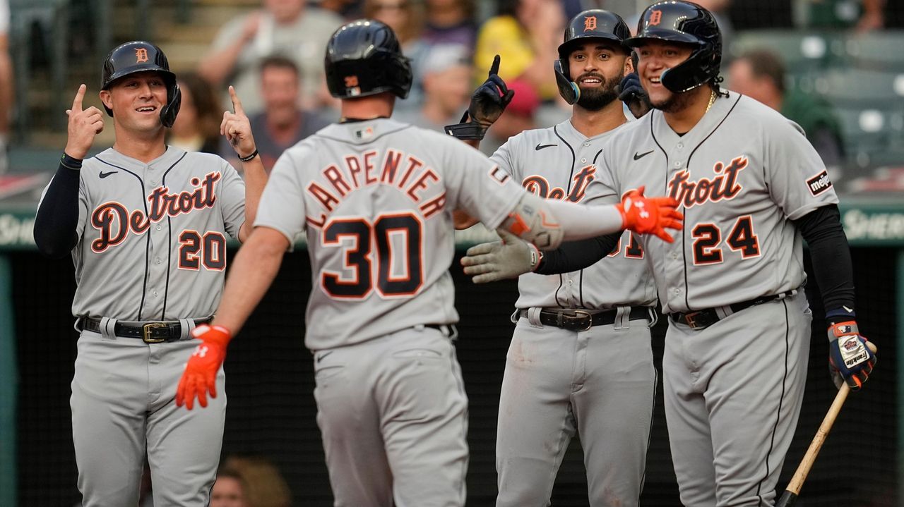 Detroit Tigers' Riley Greene celebrates after hitting a solo home