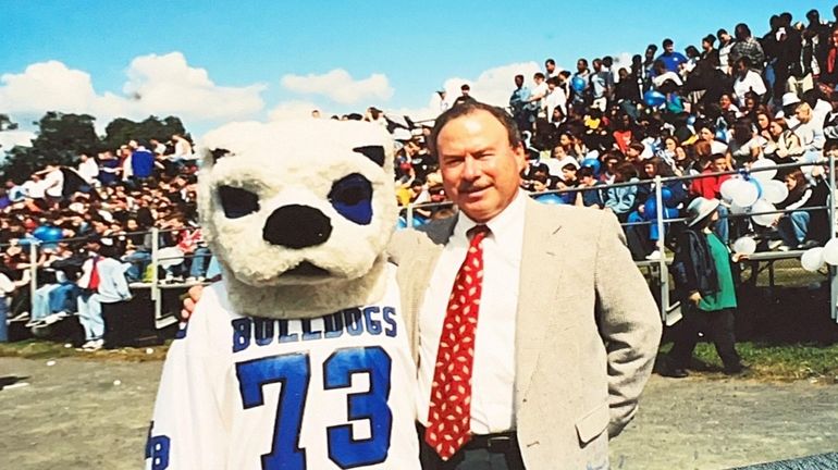 John Hartz, with the North Babylon Bulldogs mascot.