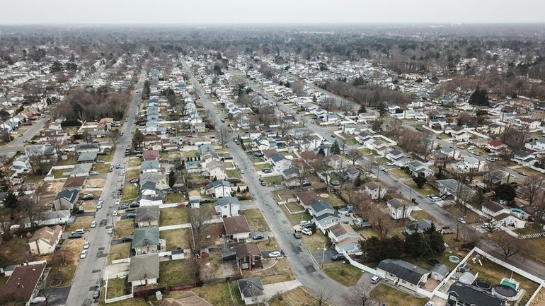 Aerial drone photo of a neighborhood in Brentwood in Suffolk...