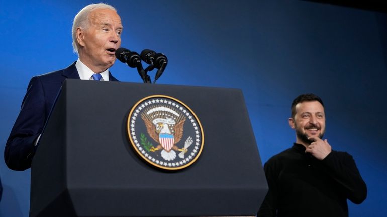 President Joe Biden, joined by President of Ukraine Volodymyr Zelenskyy,...