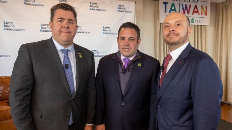 Republican Reps. Nick LaLota, Anthony D'Esposito and Andrew Garbarino, shown in...