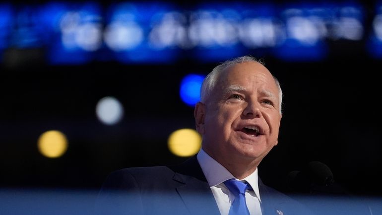 Democratic vice presidential candidate Minnesota Gov. Tim Walz speaks during...