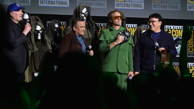 Kevin Feige, from left, Joe Russo, Robert Downey Jr., and...