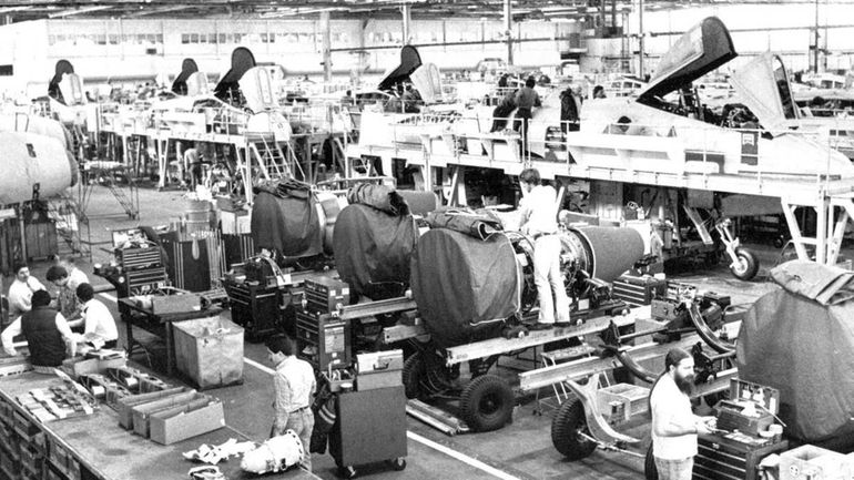 Fairchild-Republic workers assemble Air Force A-10 Warthogs in 1981. The...