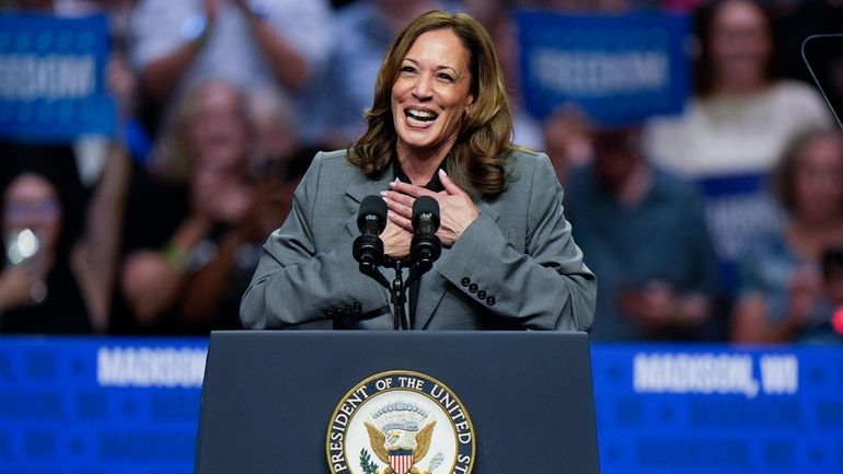 Democratic presidential nominee Vice President Kamala Harris speaks at a...