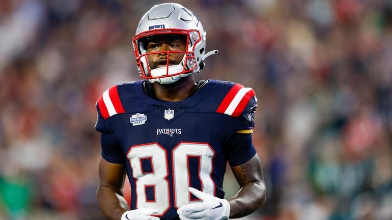 New England Patriots wide receiver Kayshon Boutte (80) reacts during...