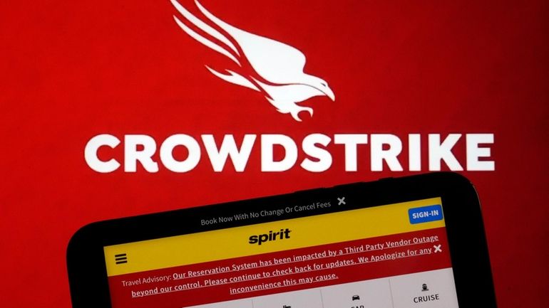 The logo for CrowdStrike and a Spirit Airlines webpage are...