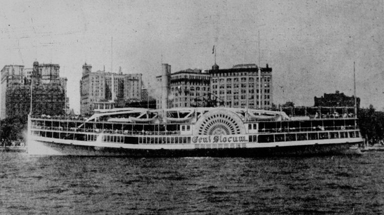 The steamship General Slocum, which caught fire during a pleasure...