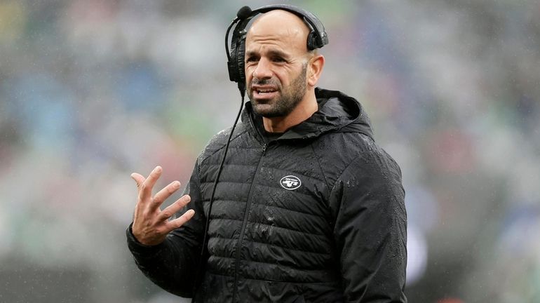 Jets head coach Robert Saleh looks on in the first half...