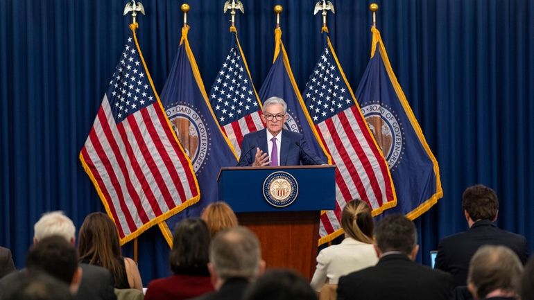 Federal Reserve Board Chair Jerome Powell speaks during a news...