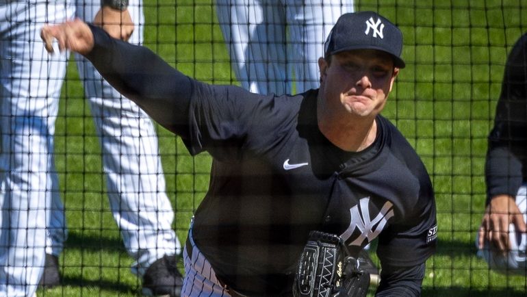 The Yankees’ Gerrit Cole pitches during live batting practice at George...