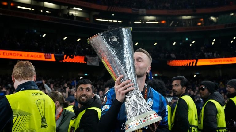 Atalanta's Teun Koopmeiners celebrates with Europa League trophy at the...