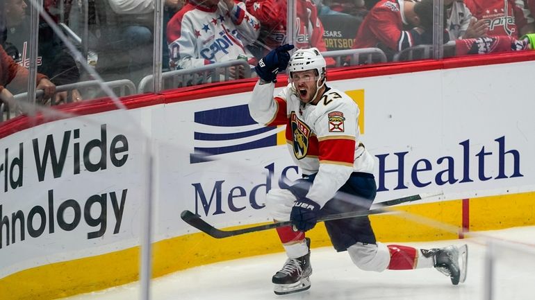 Florida Panthers center Carter Verhaeghe (23) celebrates the winning goal...