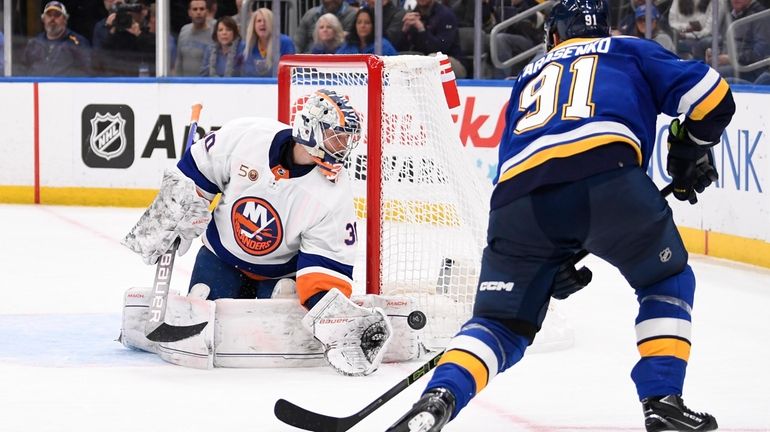 New York Islanders goaltender Ilya Sorokin (30) makes a save...