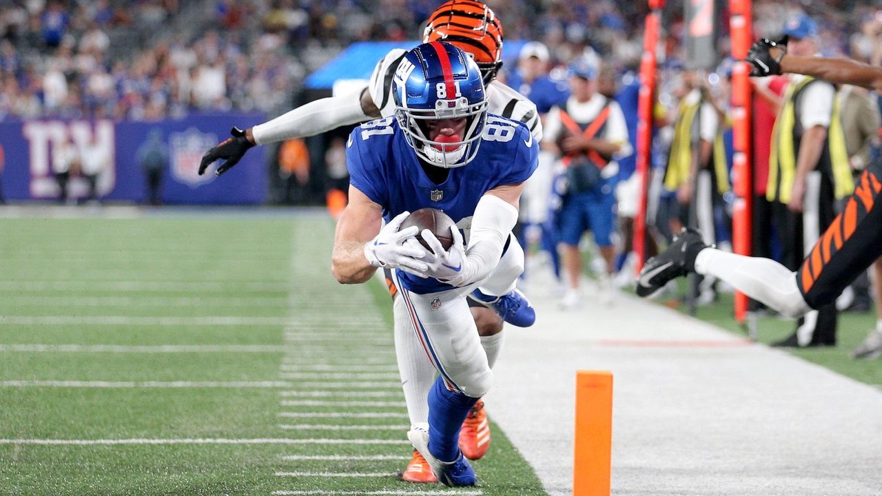 New York Giants wide receiver Alex Bachman (81) celebrates after scoring a  touchdown during an NFL preseason football game against the Cincinnati  Bengals, Sunday, Aug. 21, 2022 in East Rutherford, N.J. The