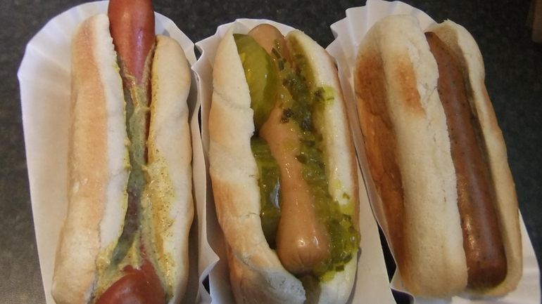 Left to right: Beef hot dog, chicken hot dog, chicken...