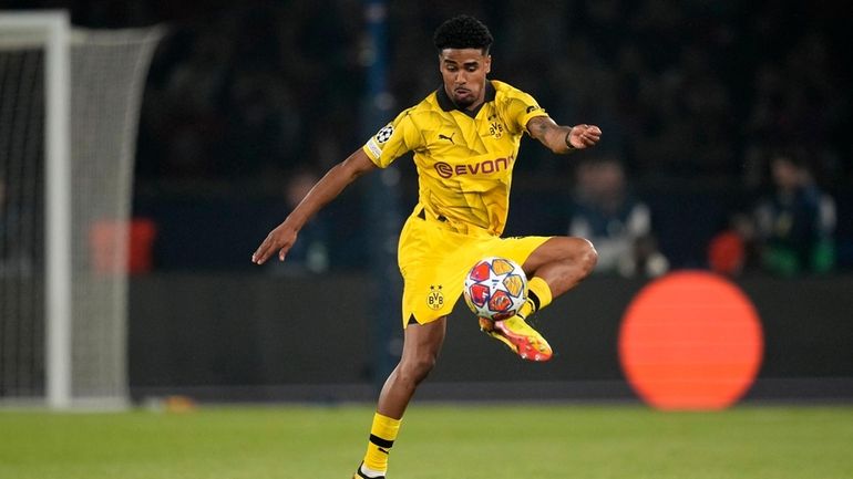 Dortmund's Ian Maatsen controls the ball during the Champions League...