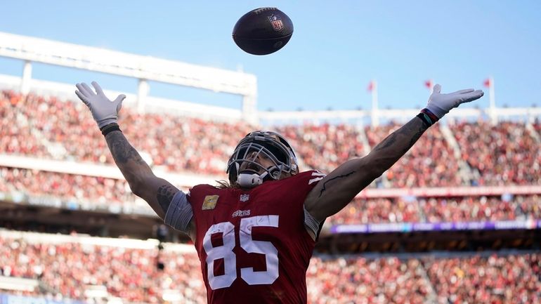 San Francisco 49ers tight end George Kittle (85) celebrates after...