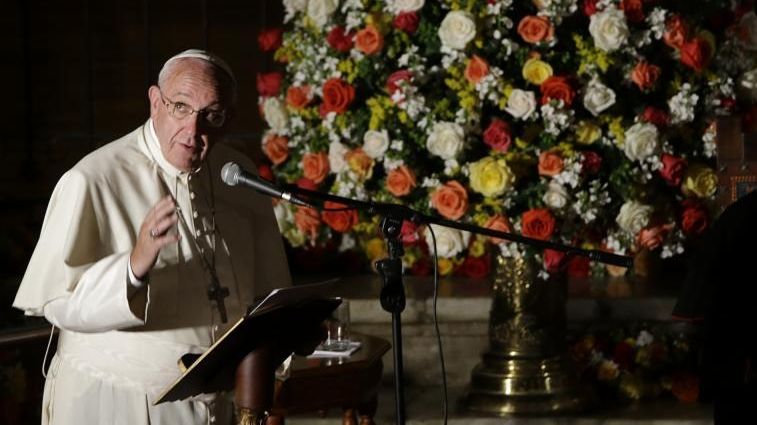 Pope Francis delivers his message during his visit