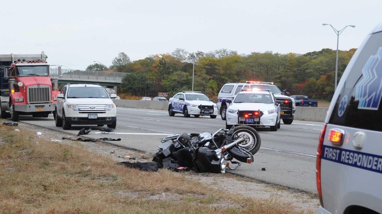 After motorcycle -truck crash in Holtsville westbound LIE 