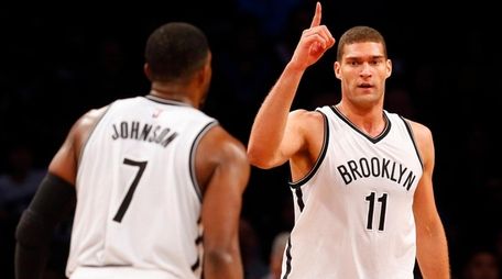 Brook Lopez of the Brooklyn Nets reacts