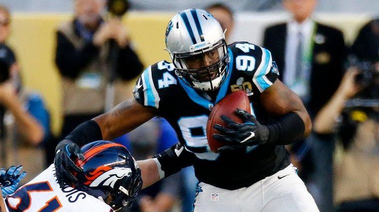 Kony Ealy of the Carolina Panthers intercepts