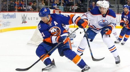 Griffin Reinhart #8 of the Edmonton Oilers