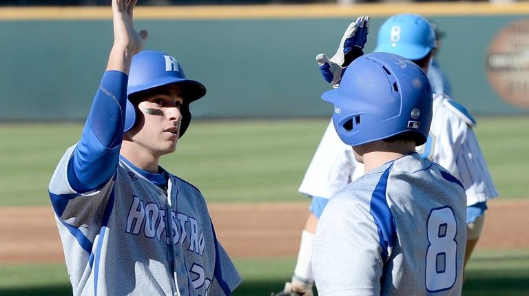 Hofstra Pride infielder David Leiderman (24) is greeted