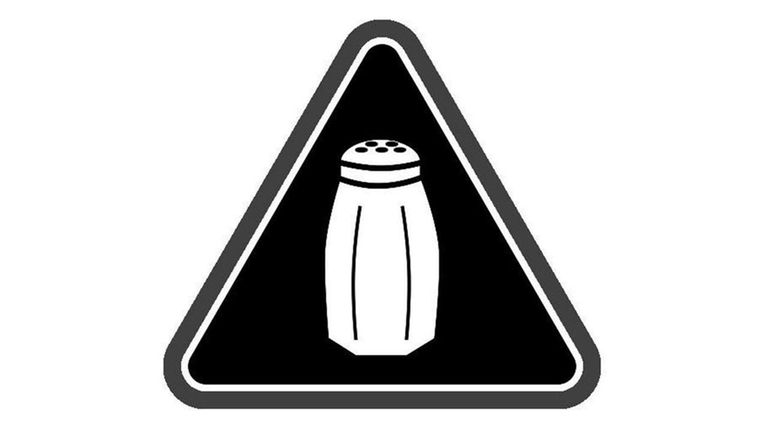 A high sodium warning symbol, a saltshaker, will