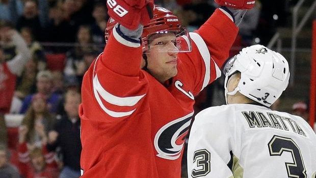 Carolina Hurricanes' Eric Staal celebrates his goal