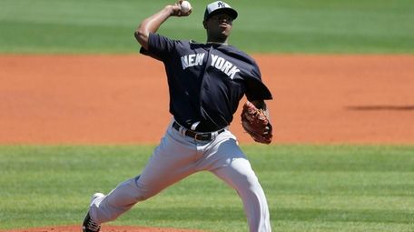 New York Yankees starting pitcher Luis Severino works