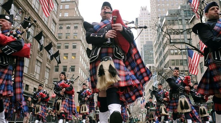 Bagpipers march during the 2015 St Patrick's Day