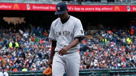 New York Yankees pitcher Luis Severino walks