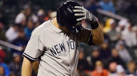 Brett Gardner of the New York Yankees reacts